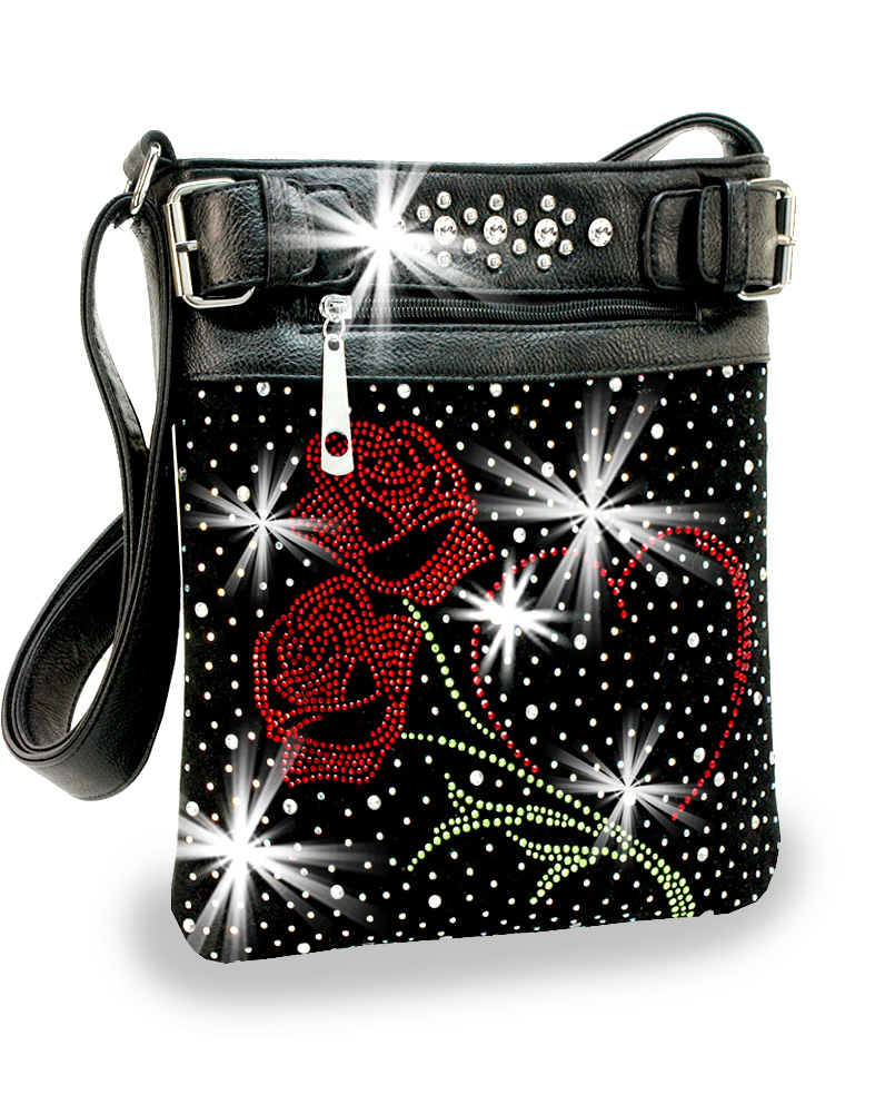 Roses Design Rhinestone Crossbody Handbag