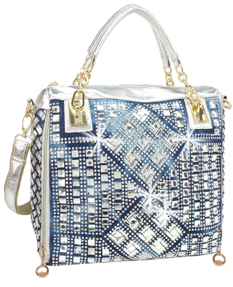 Bling Rinestone Accented Blue Designer Handbag
