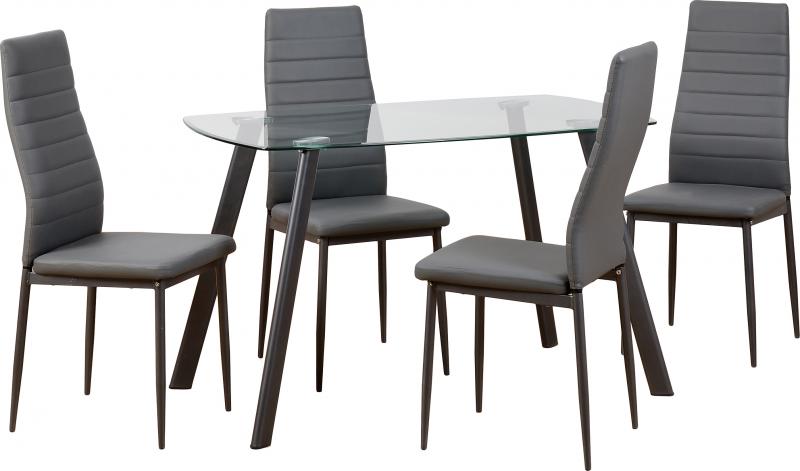 Abbey Dining Set in Clear Glass With 4 Grey Faux Leather Chairs - Click Image to Close