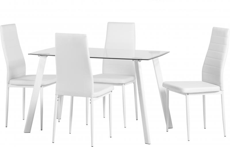 Abbey Dining Set in Clear Glass With 4 White Faux Leather Chairs