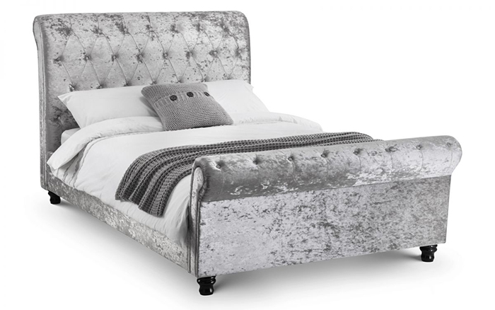 Verona Deep Button Scroll Bed Silver Double - Click Image to Close